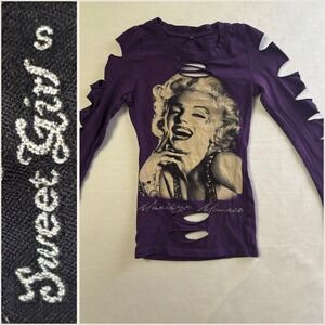 Sweet Girl Small Purple Marilyn Monroe Graphic Cutout Long Sleeve T Shirt